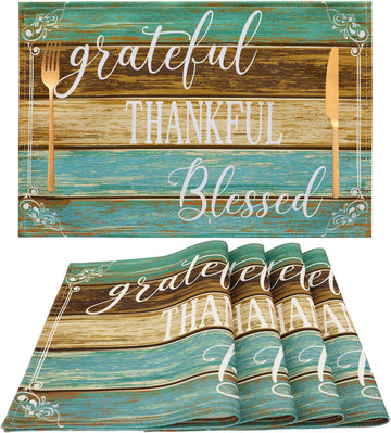 Farmhouse Teal Placemats Thankful Blessed Table Mats - Set of 4