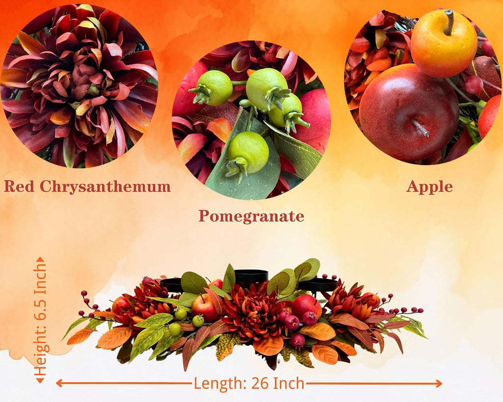 26 Inch Fall 3 Candle Holder with Faux Apples, Mums and Berries | 3 Candle Cups with Faux Apples, Red Mums and Autumn