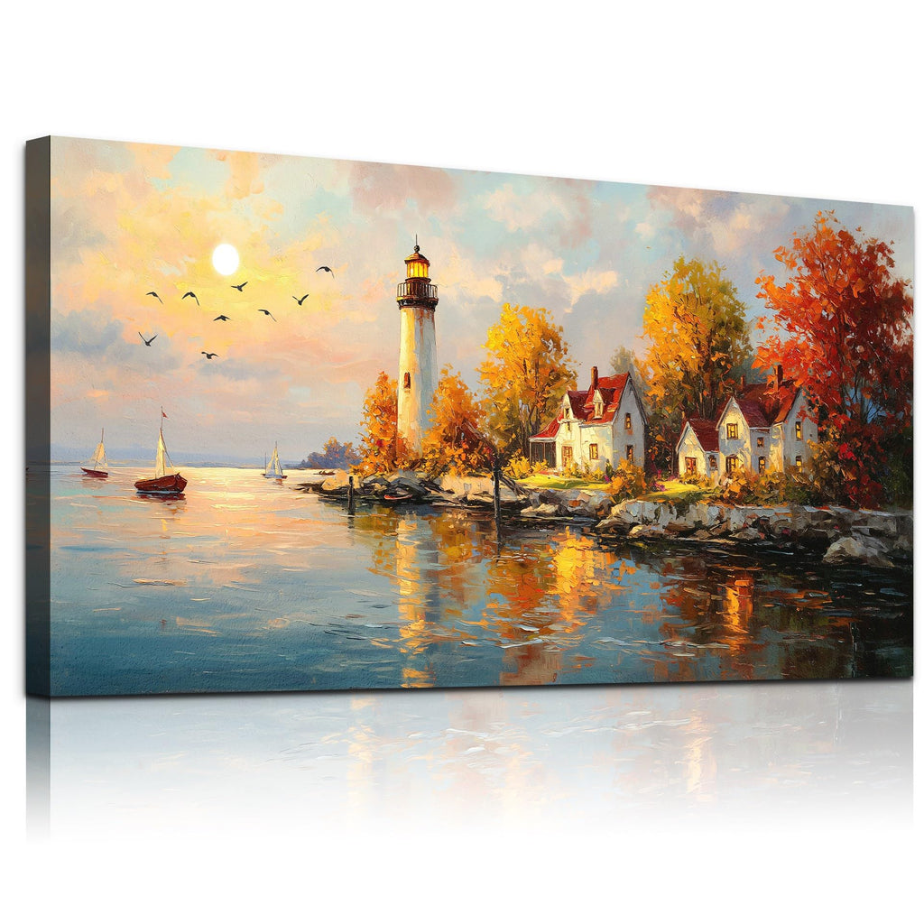 Lighthouse wall art Large Ocean Theme Wall Decor Coastal Landscape Decorations Beach Scene Canvas Wall Art Nautical