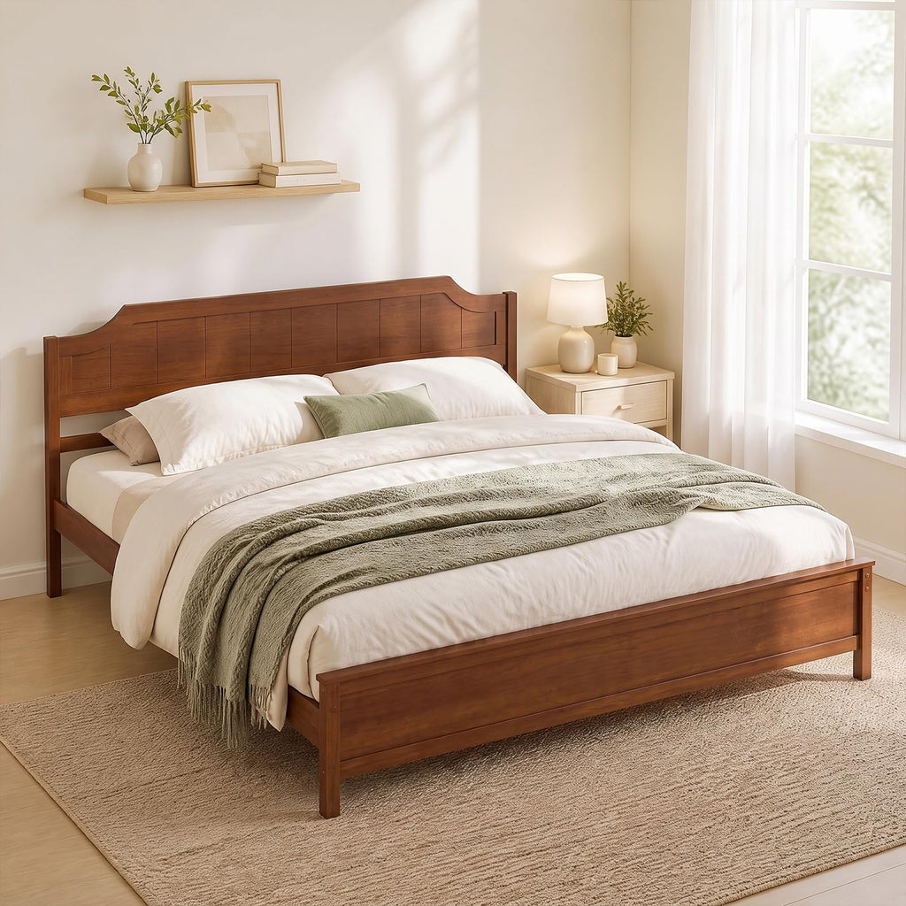 King Size Bed Frame with Headboard, Wood Platform Bed (Walnut)