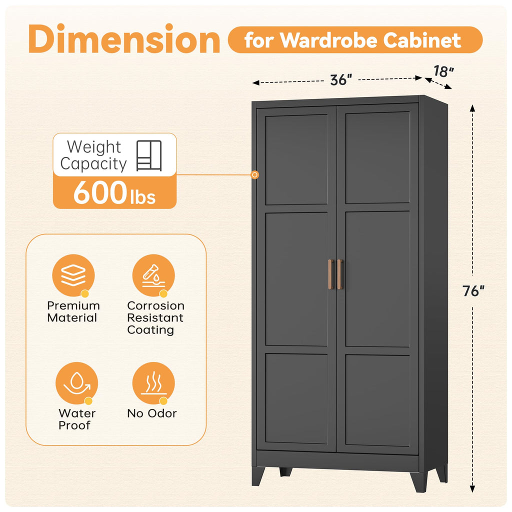 71" H Metal Wardrobe Cabinets with 2 Doors, Large Clothing Storage Cabinets with Hanging Rod and Adjustable Shelves