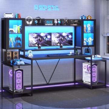 Gaming Desk 75'' with LED Lights, Hutch and Storage Shelves, Black | Computer Desk with Monitor Stand, Large PC Gamer