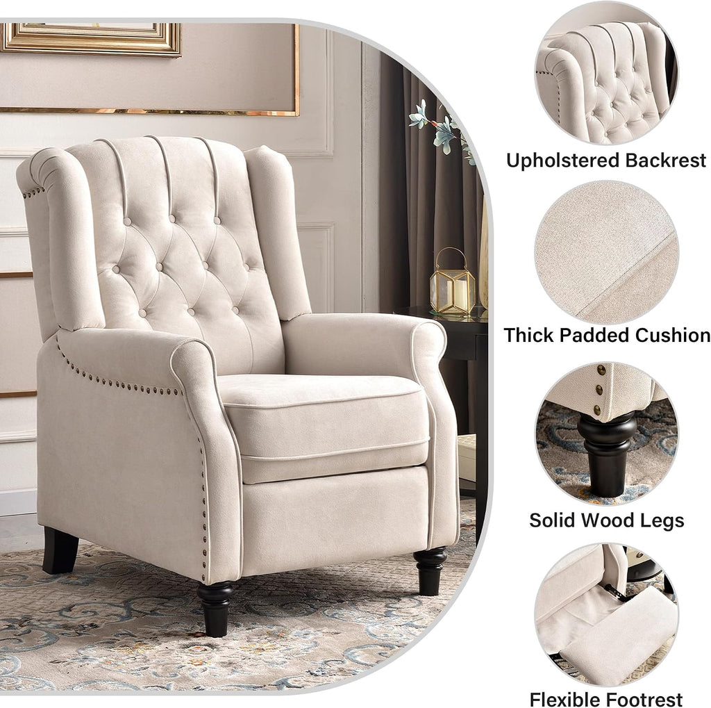 Push Back Recliner Chair, Mid Century Modern Wingback Chair, Comfy Armchair Fabric Living Room Chairs with Rivet
