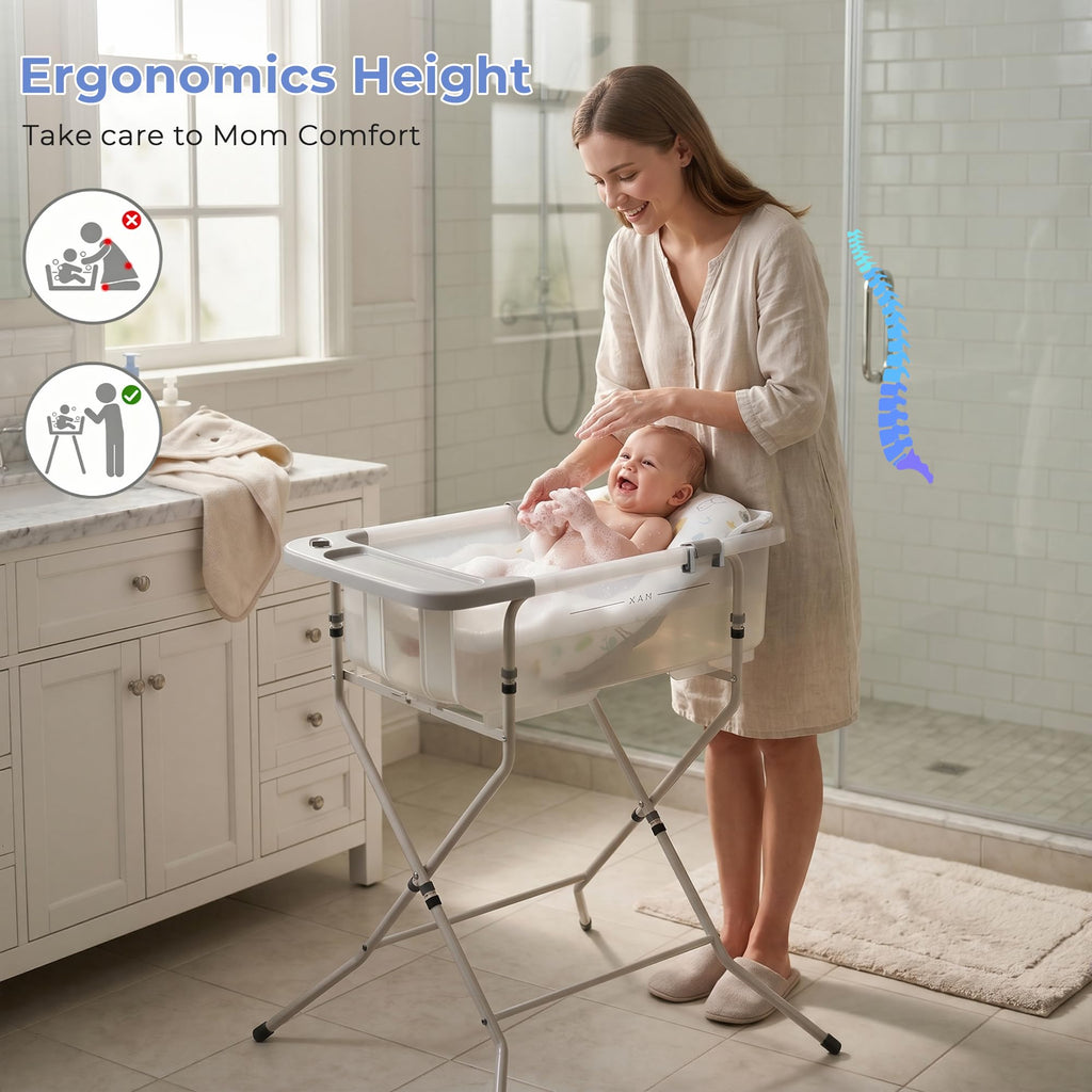 Collapsible Baby Bathtub with Stand - Clear Big Baby Bath Tub with Thermometer | Parents Spine Save Infant Baby Tub