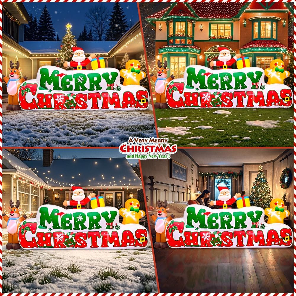10FT Christmas Inflatables Outdoor Decorations Inflatable Merry Christmas with Santa Gingerbread Reindeer, Built in
