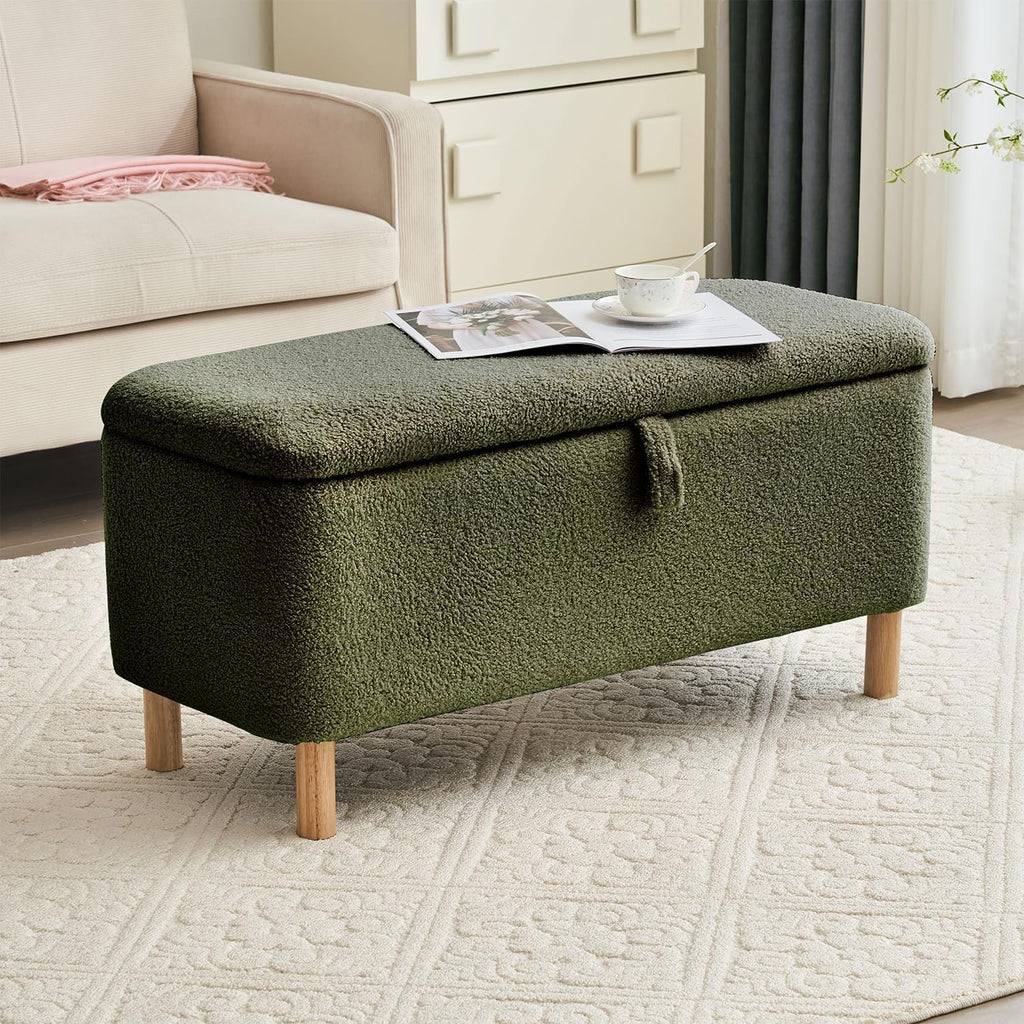 Boucle Storage Ottoman Bench end of Bed, Sherpa Upholstered Shoe Seat Storage Bench Bed Foot, Rectangle Cushion