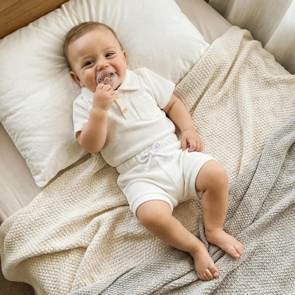 Baby Boy Summer Outfit Waffle Knit Short Sleeve Collared Romper Shorts Set 0 3 6 9 12
