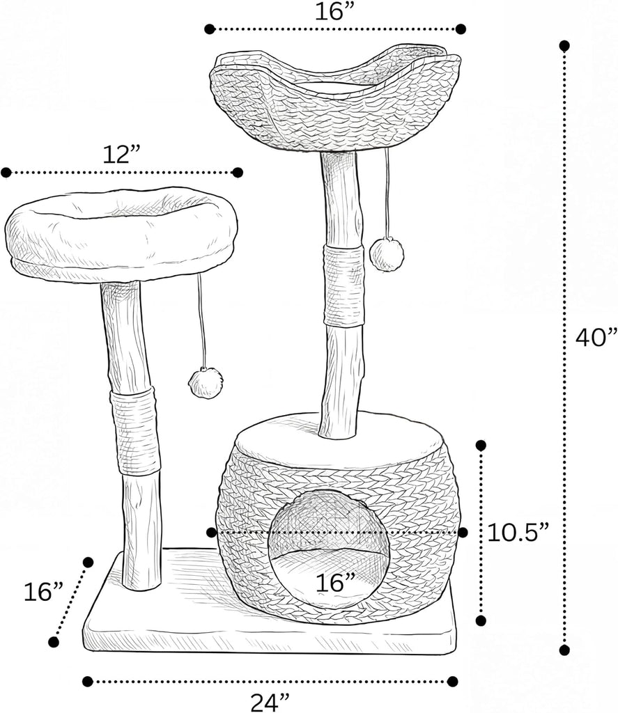 Modern Cat Tree Tower with Cave, Real Wood Cat Scratching Post with Bed for Indoor Cats Large Adult, Solid Wooden