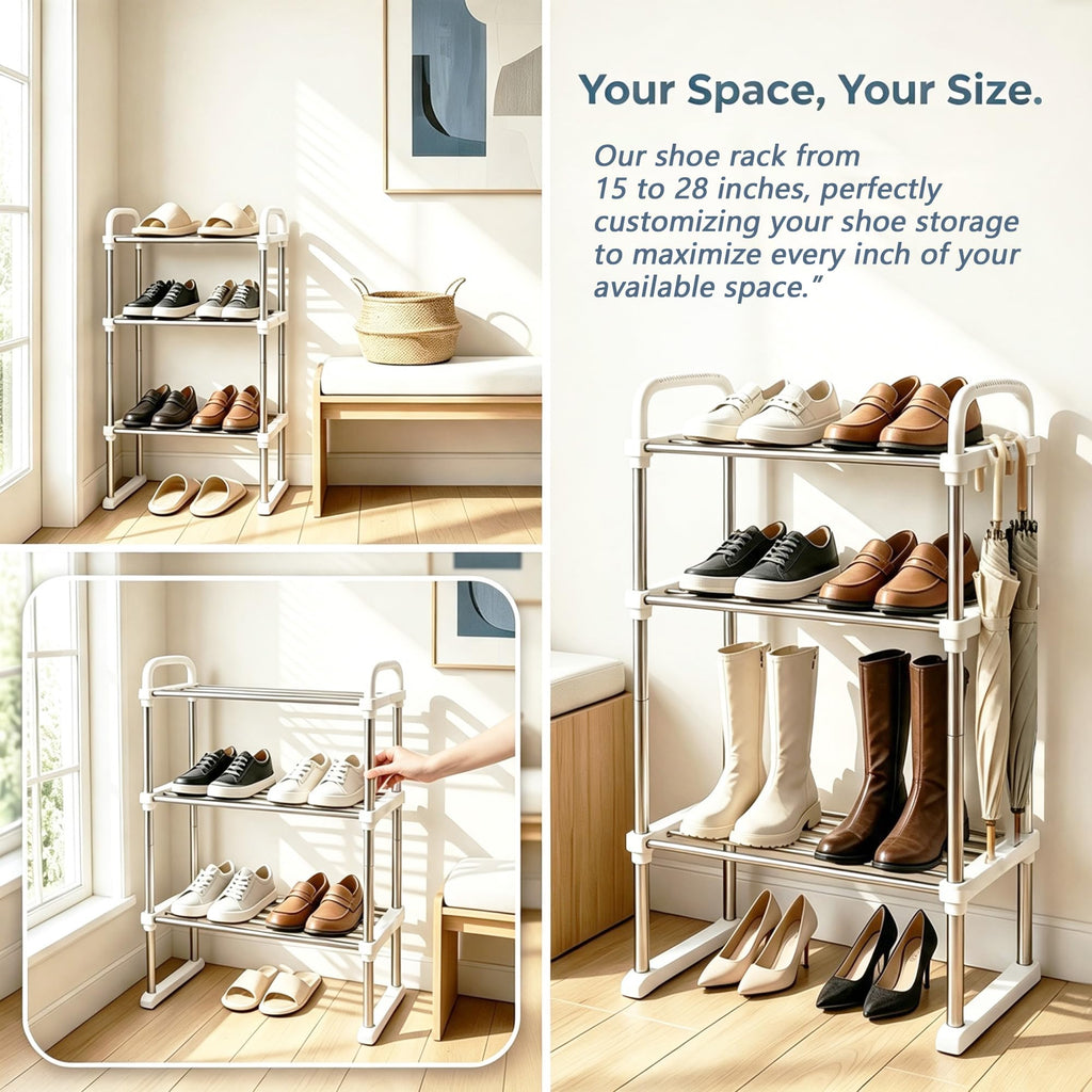 Expandable Shoe Rack, Adjustable Height Boot Organizer, 3-Tier