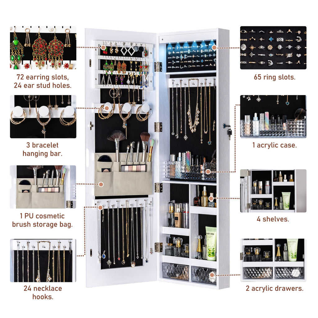 Jewelry Cabinet with 3 Groove Mirror Lamps, Full Length Mirror, Wall/Door Mounted Jewelry Armoire Organizer with 3