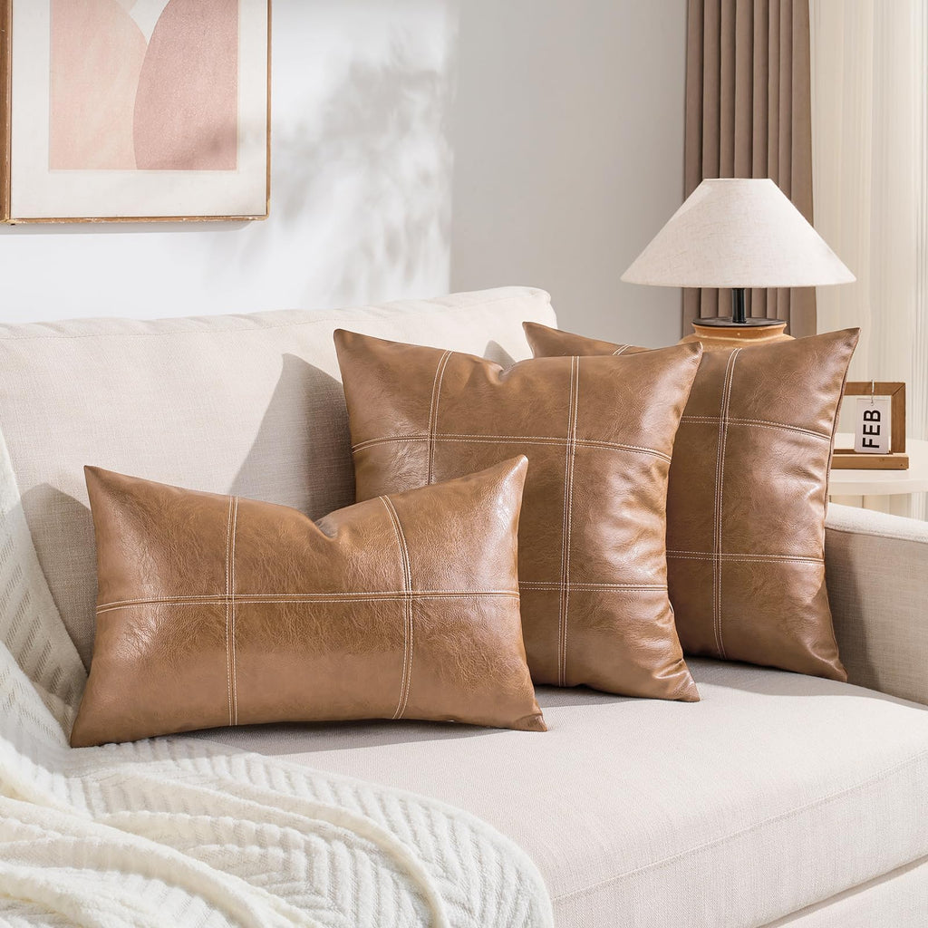 2 Packs Light Brown Plaid Faux Leather Decorative Throw Pillow Covers 18x18 Inch for Couch Bed Sofa, Rustic Modern
