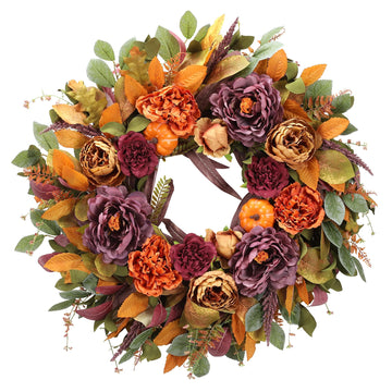 26 Inch Fall Wreath for Front Door, Large Autumn Harvest Wreath with Purple Peony, Pumpkin & Berries, Full and Lush