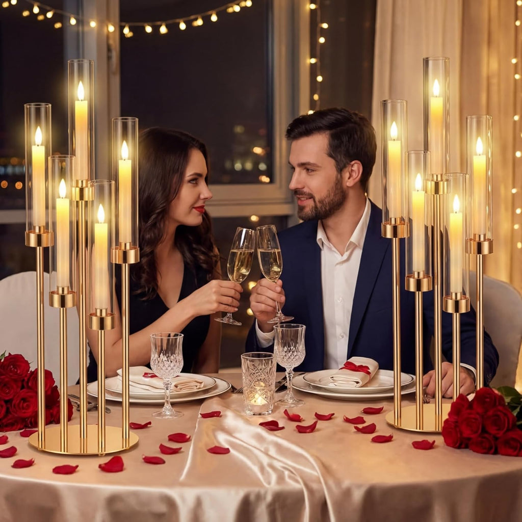 4 Set Gold Candelabra Centerpieces for Tables, 26.8 Inch 5 Arm Candle Holders with LED Candles and Acrylic Cylinders