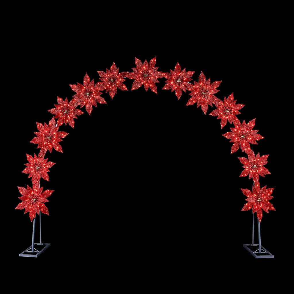 8.5 ft. Illuminated Poinsettia Arch with Warm White LED Lights, Outdoor Christmas Archway Decoration, Holiday Display