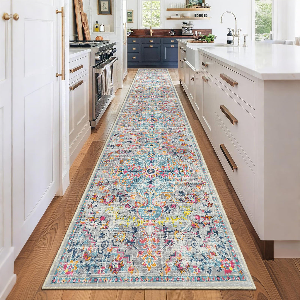 Hallway Runner Rug 2'6'' x 14', Washable Kitchen Runner, Grey Multi