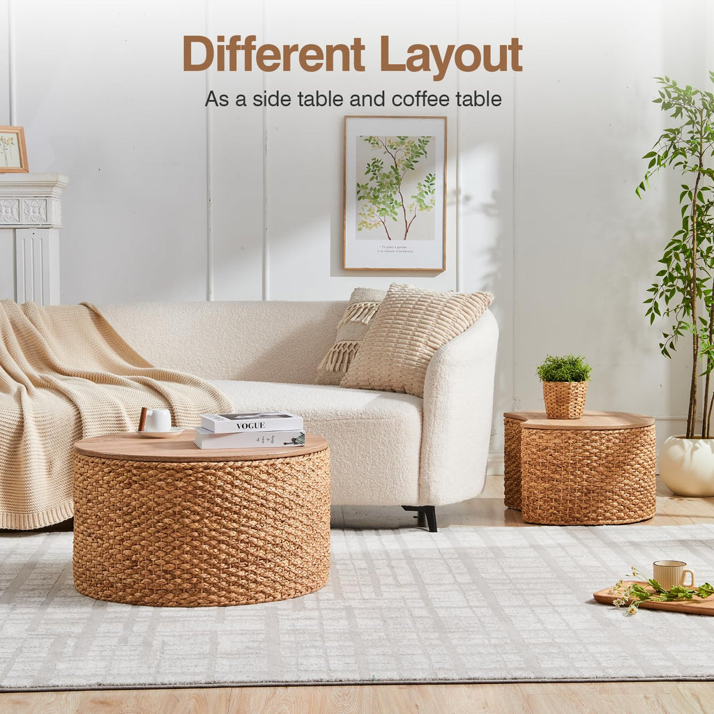 Round Nesting Coffee Table Set of 2 with Storage - Handwoven Wicker Rattan Ottoman Style, Boho Coastal Coffee Tables