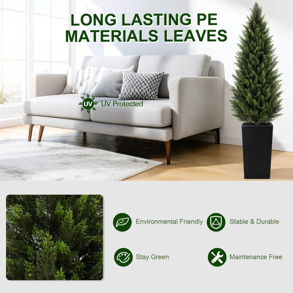 5FT Artificial Cedar Topiary Trees 2 Pack, Faux Cypress Plants with Black Square Planters, UV Resistant Outdoor