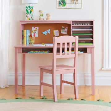 Children's Media Desk and Chair Set - Pink: Student's Study Computer Workstation with Hutch and Shelves, Wooden Kids