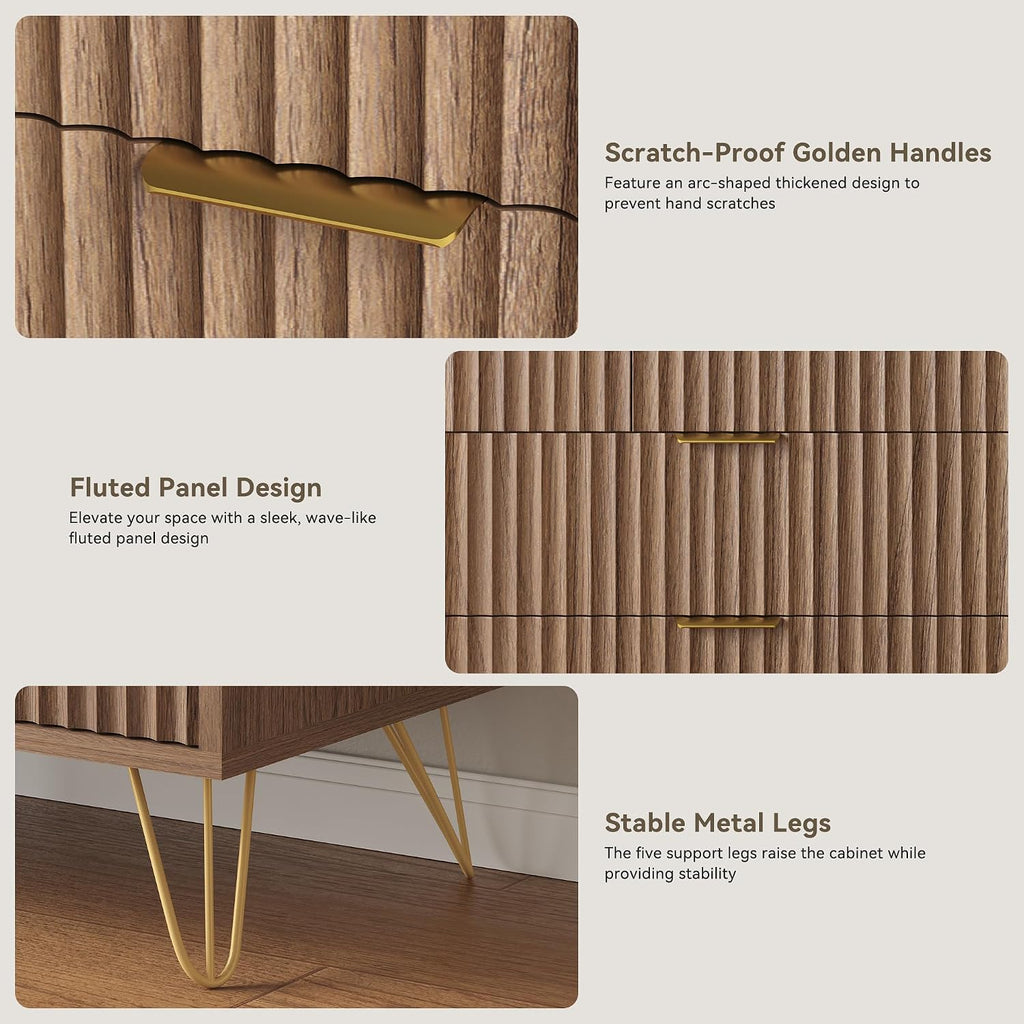 Fluted 7 Drawers Dresser , Wood Dressers with Scratch-Proof Golden Handles, Natural Curved Profile, Modern Chest