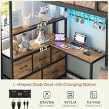 Bunk Bed with L-Shaped Desk,5 Storage Drawers and 2 Shelves Metal Twin XL Over Twin Bunk Bed with LED Lights and