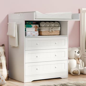 Baby Changing Table with Foldable Tabletop, White Baby Dresser with 3 Drawer