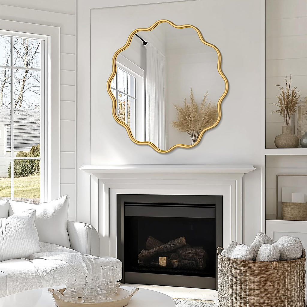 Gold Wavy Round Wall Mirror 36 Inch, Bathroom Decor