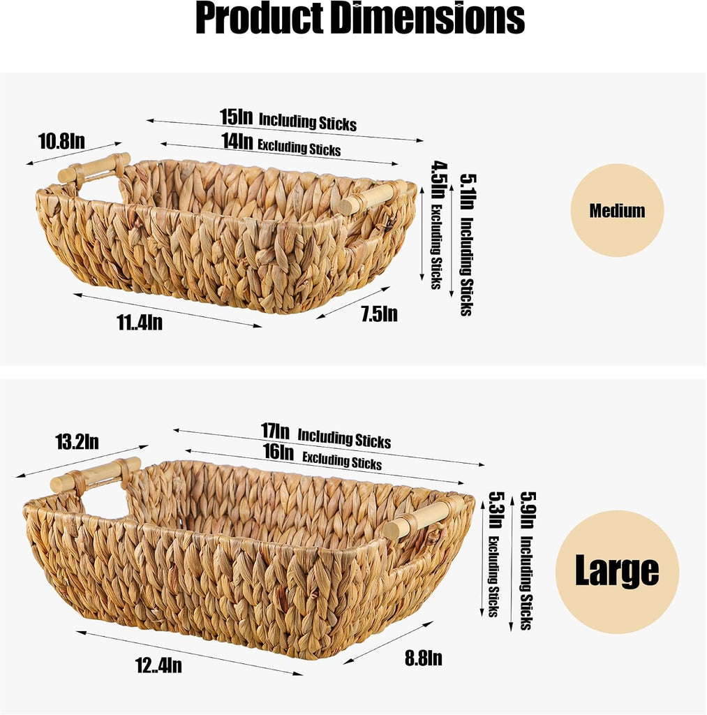 Woven Storage Baskets - Set of 3 Handwoven Water Hyacinth Wicker Baskets with Wooden Handles for Organizing
