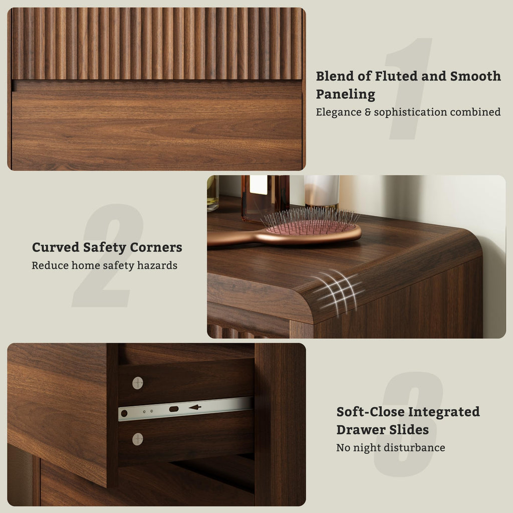 Walnut Fluted 7 Drawer Dresser, Curved Edge, 50" Wide