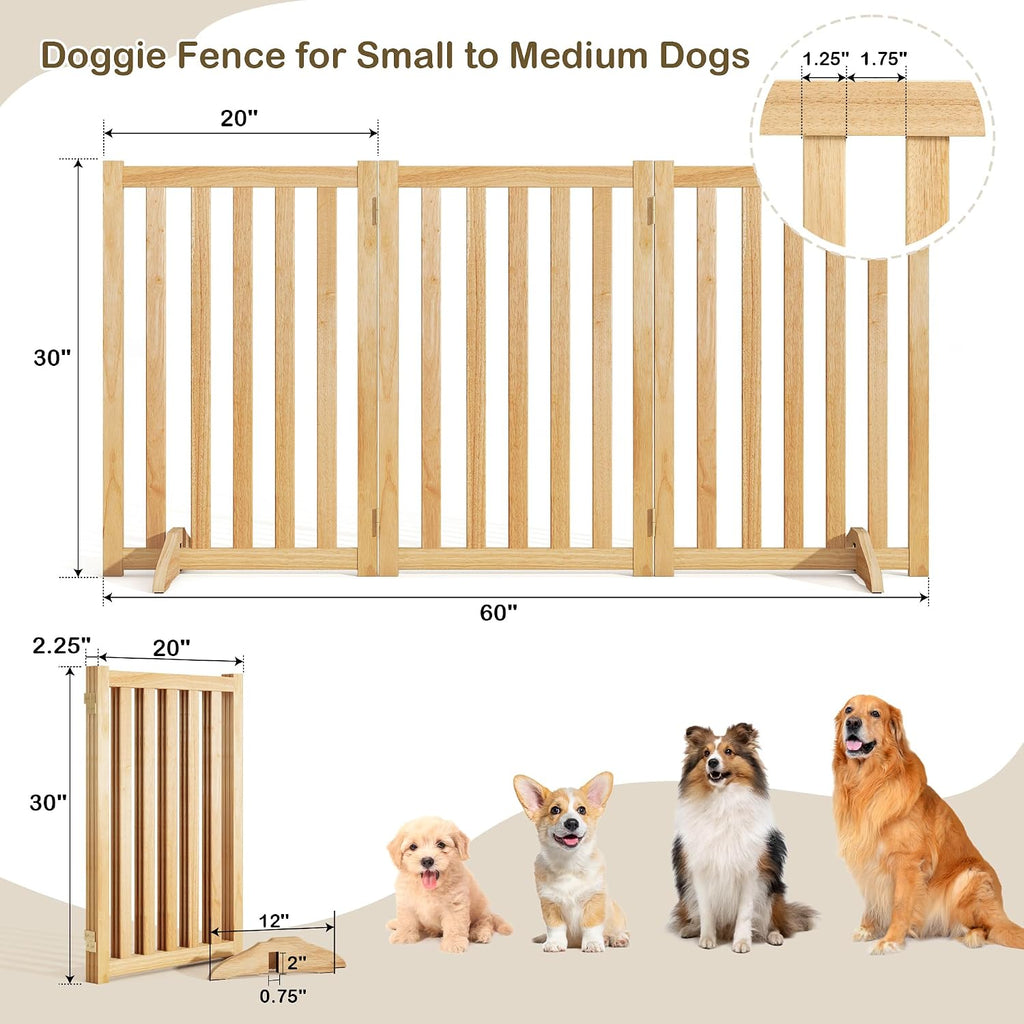 30" Height Tall Freestanding Pet Gate, Solid Wood Folding Safety Fence Wooden Dog Gate with 2 PCs Support Feet Ideal