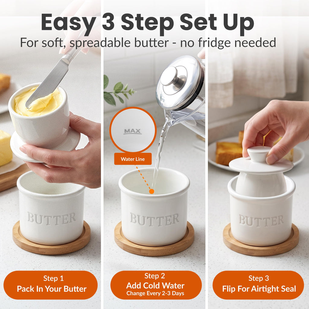 Butter Crock with Lid for Countertop with Spreader Knife and Water Line, Soft Spreadable Butter, Ceramic French