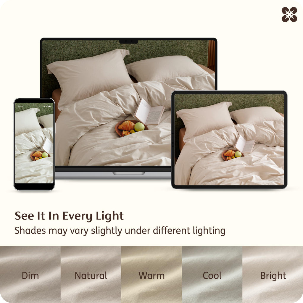 PureWoven 100% Washed Cotton Duvet Cover Set Queen, Oatmeal