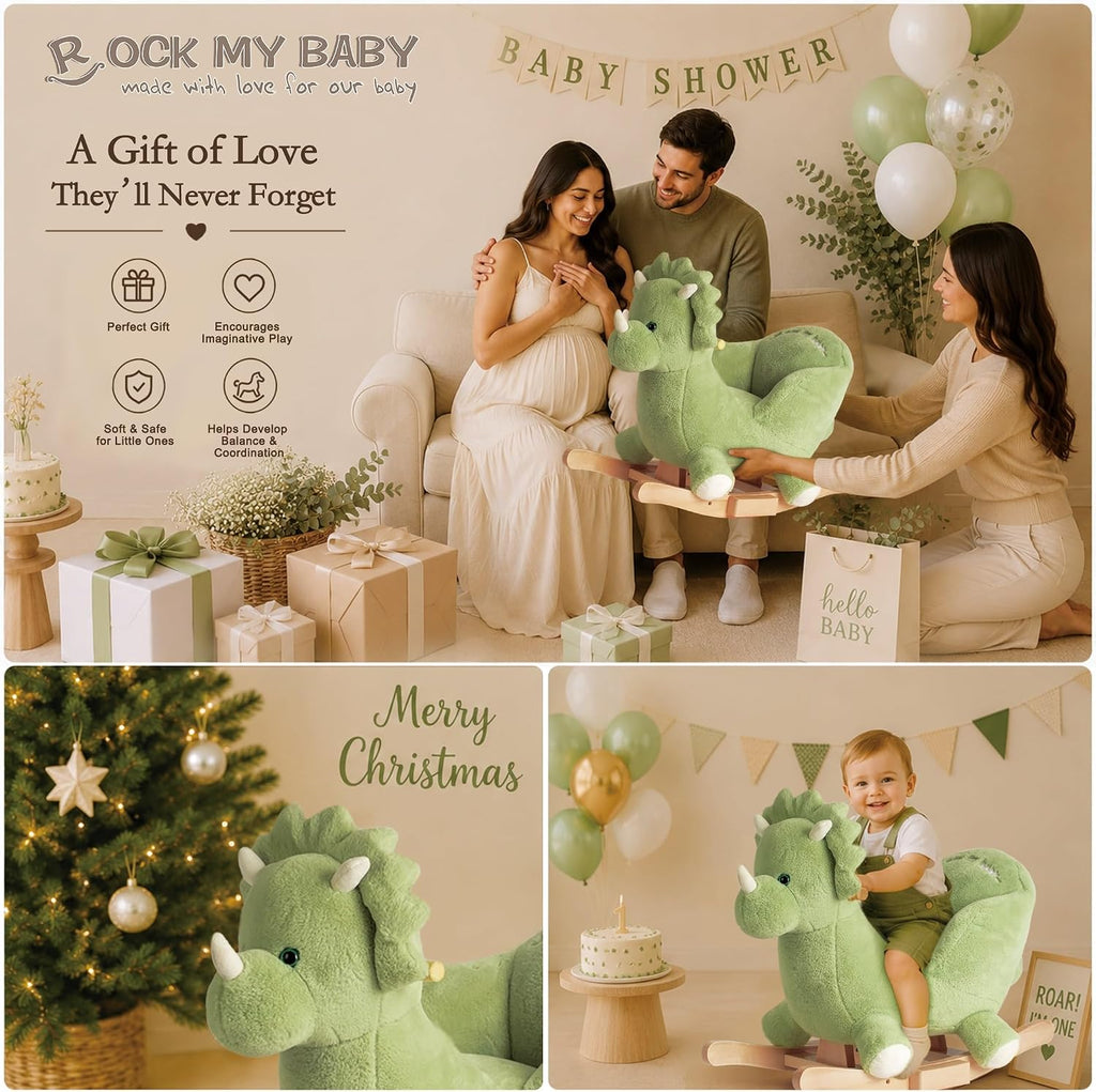 Rocking Horse Green Dinosaur with Chair, Plush Stuffed Rocker for Toddlers 1-3, Baby Rocker with Sweet Music, Wooden