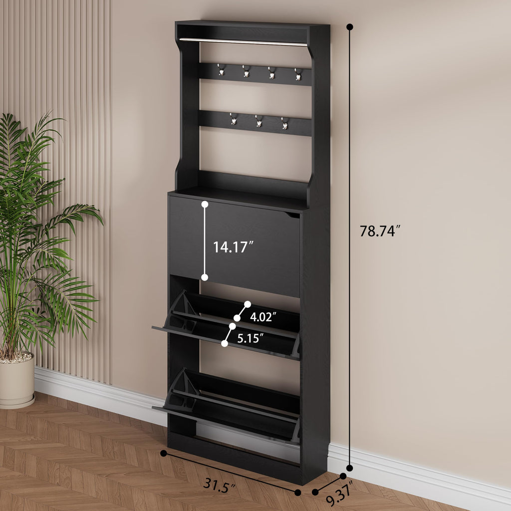 Black Hidden Shoe Cabinet with 3 Flip Drawers & Coat Rack, Entryway