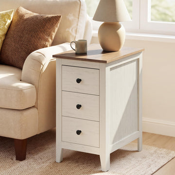 Side End Table with 3 Storage Drawers, Nightstand Farmhouse