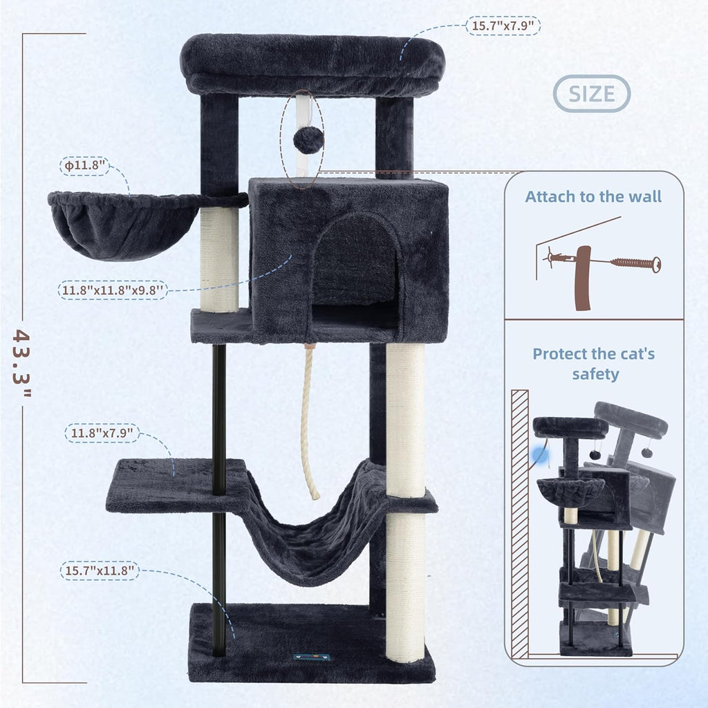 Cat Tree, Cat Tower for Indoor Cats, 43.3 inch Cat Tree Tower with Sturdy Steel Tube, Hammock