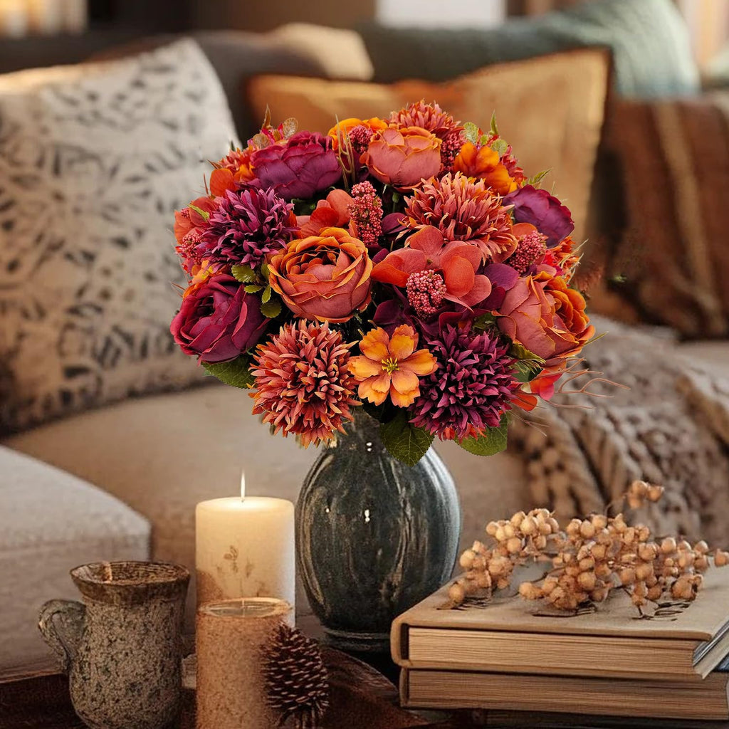 Bundles Fall Artificial Flowers Bouquet Fake Peony Silk Chrysanthemums Autumn Faux Floral Arrangements Decor Indoor - Set of 2