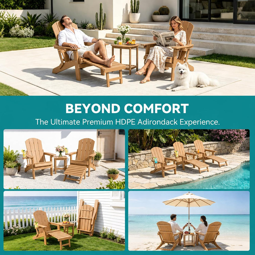 Folding Adjustable Adirondack Chair Set of 2 with Footrest, HDPE Adirondack Chair with Cup Holders & Phone Slot