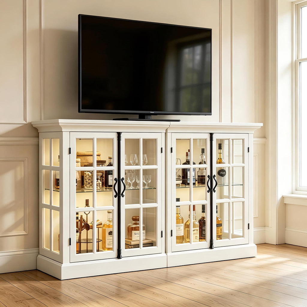 Modern 43" Display Cabinet, Vintage Curio Cabinet with LED Light and Wine Glass Holder, Farmhouse Wine Bar Cabinet