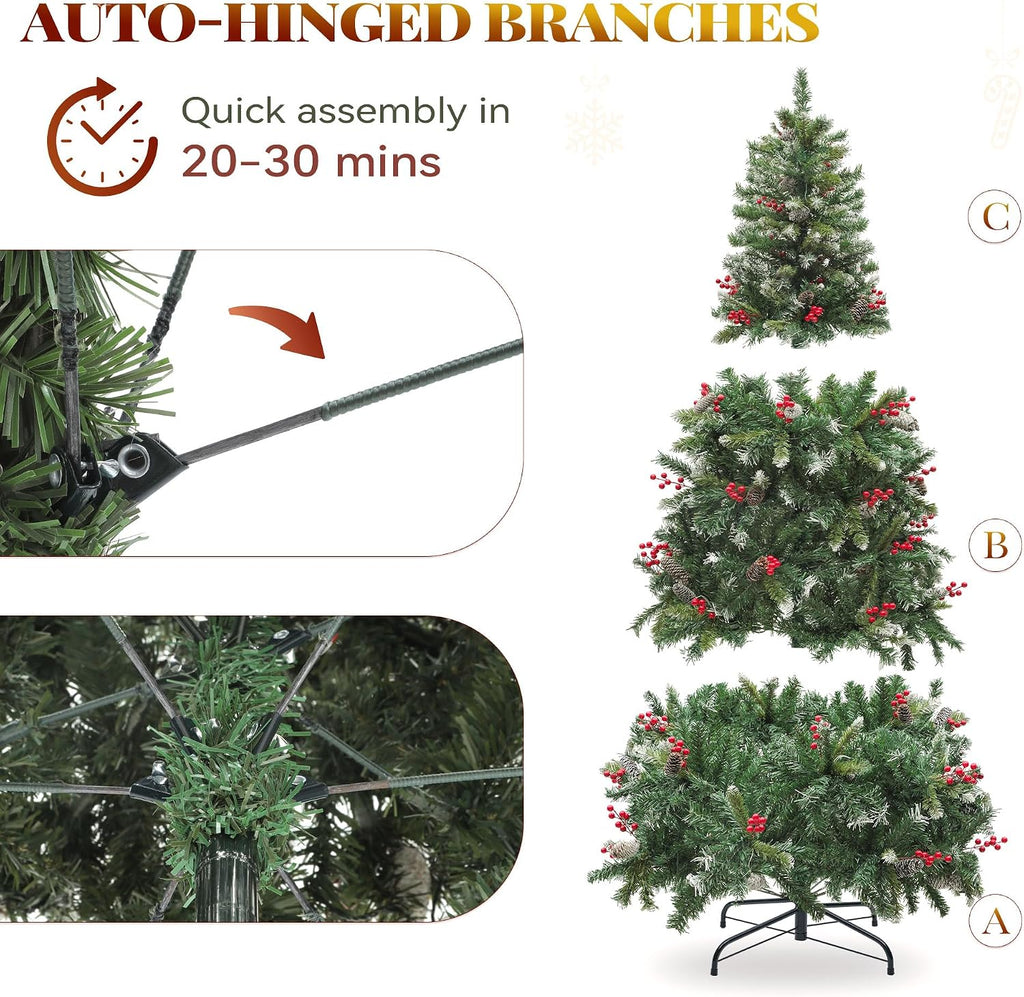 7.5ft Prelit Decorated Pine Christmas Tree w/Red Berries & Remote | Artificial Hinged Xmas Tree w/ 1398 Frosted Tips