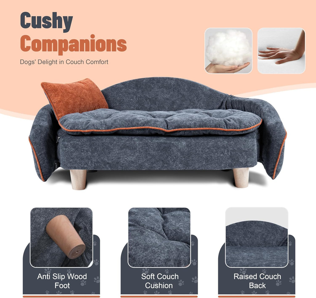 Elevated Small Dog Couch Bed with Bolster Sides, Raised Small Dog Sofa Bed with Headrest Pillow, Velvet Washable