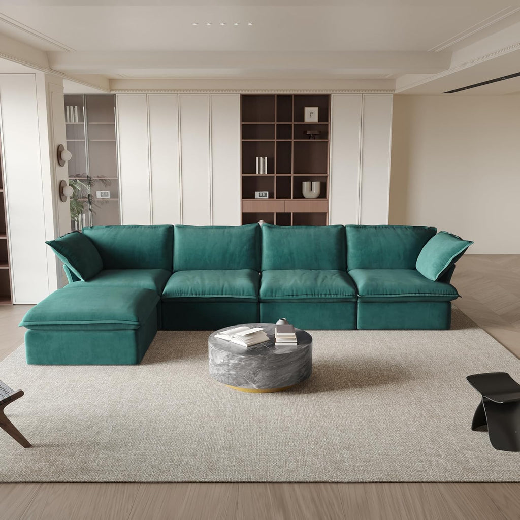 L-Shaped Sectional Couches, Modular Sectional Sofas, Modern Comfy Cloud Couch with Chaise Ottoman, Cushion Covers Removable, Two Corners and Two Middle Sofa for Living Room (Green) A124-B0F1CM4X2Y