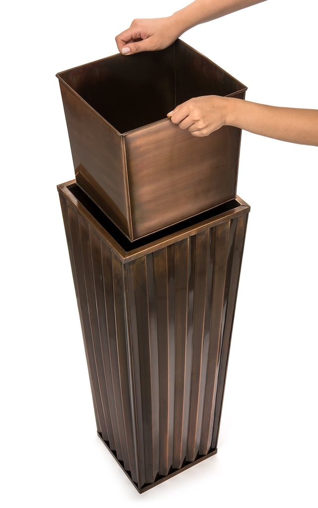 36 in Tall Ribbed Planter, Antique Copper Finish, Lift Out Insert