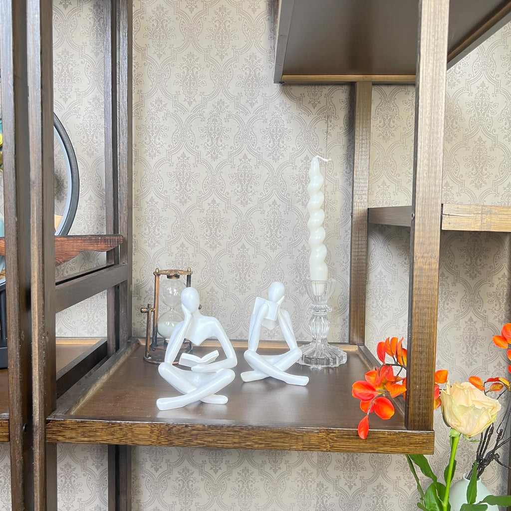2 Pieces Home Decor White Reading Thinker Statue Modern Figurines Abstract Aesthetic Sculpture Thinker Resin Statue