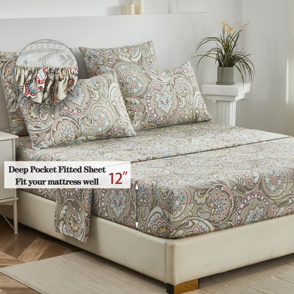Paisley Sheets Set Twin XL Boho Paisley College Bedding Luxurious Bohemian Damask Dorm Bedding 100% Egyptian Cotton