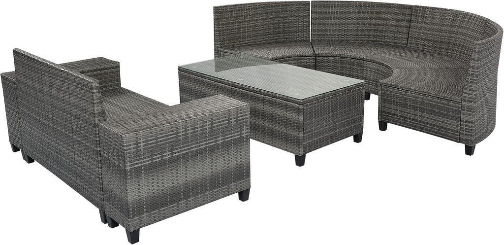 Half-Moon Curved Outdoor Sectional Sofa and Side Table, Wicker Rattan Patio Coversation Set 8 Piece, Gray