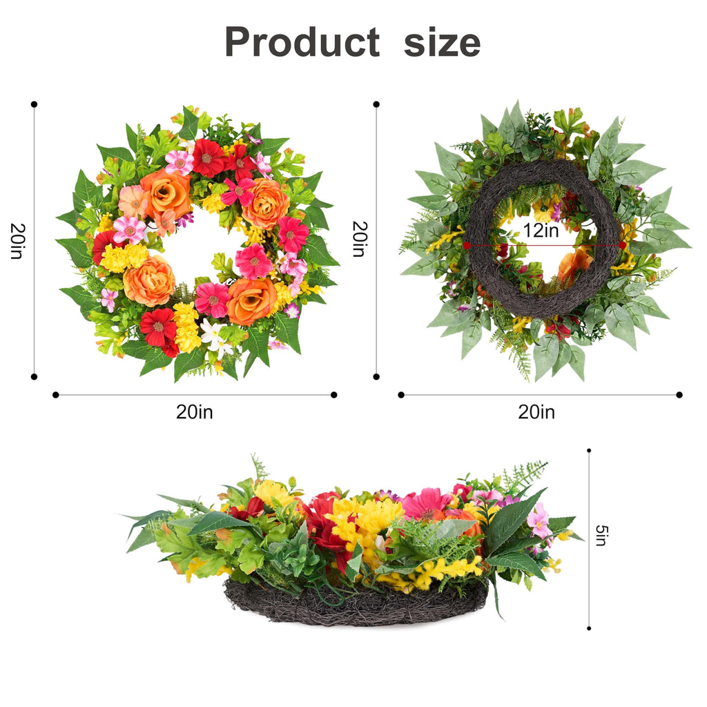 20 Inch Spring Wreath for Front Door, Artificial Silk Flower Wreath on Grapevine Base with Orange Rose-Style Blooms