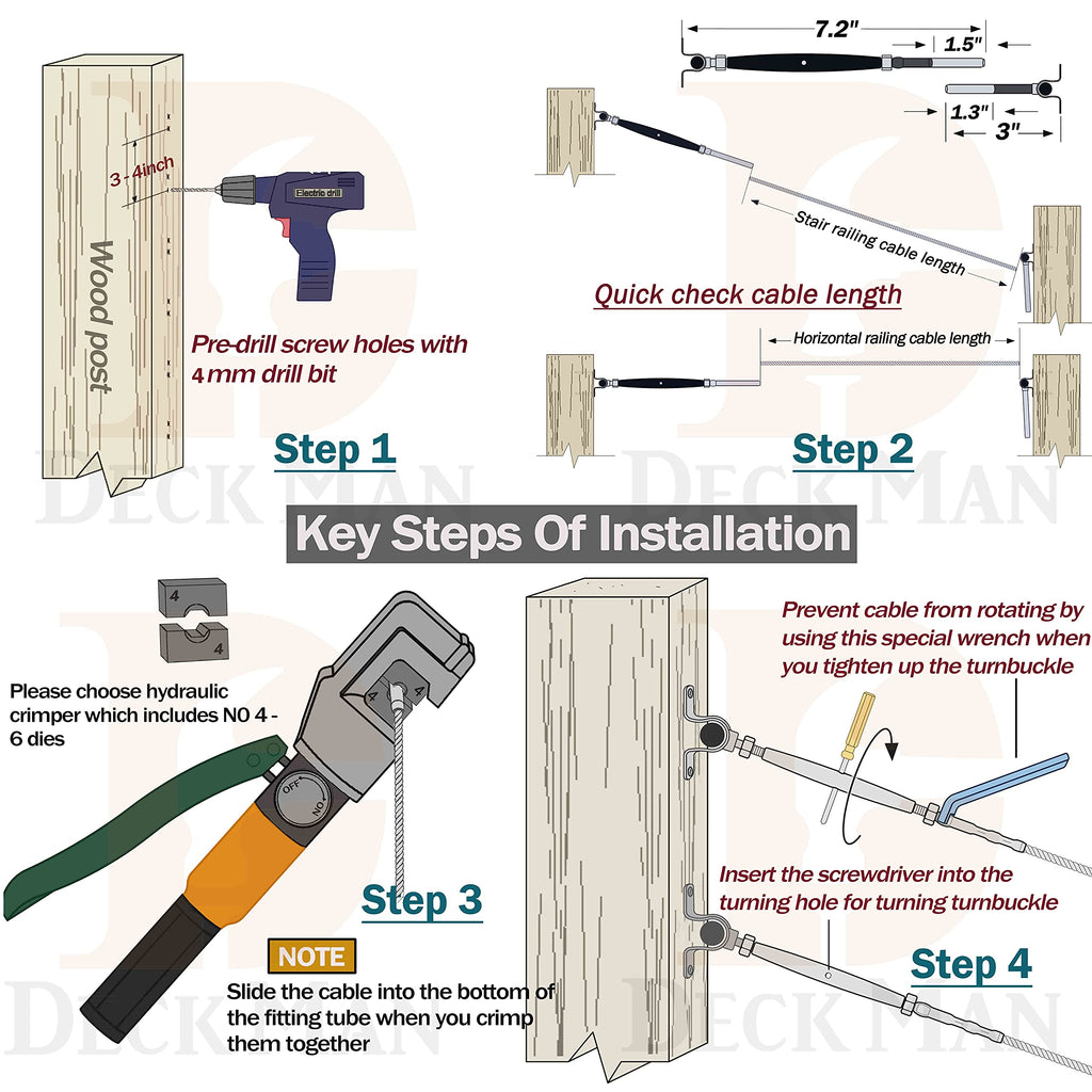 T316-Stainless Steel Adjustable Angle 1/8" Cable Railing Kit/Hardware for Wood Post, Marine Grade (30 Pack)