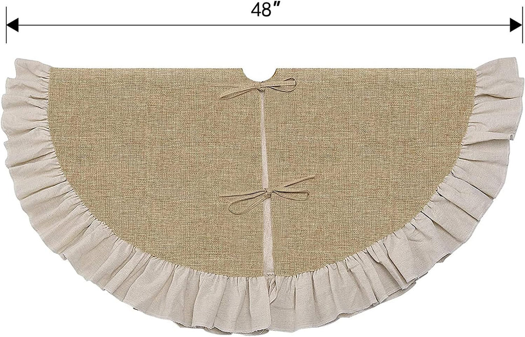 Fall Burlap Tree Skirt with Ruffle, 48 inch Linen Christmas Tree Decoration