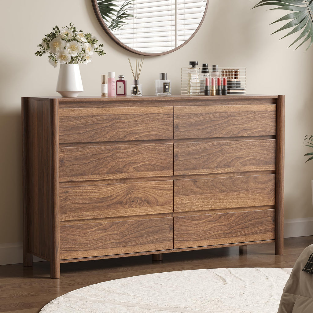 55" Wide Walnut 8 Drawer Dresser with Solid Wood Legs
