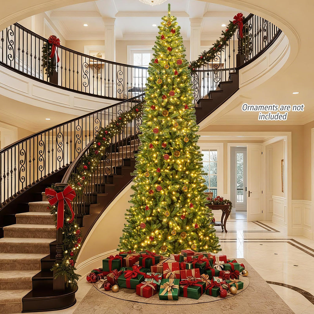 12 FT Pre-lit Christmas Tree, Slim Xmas Tree w/Quick Connector